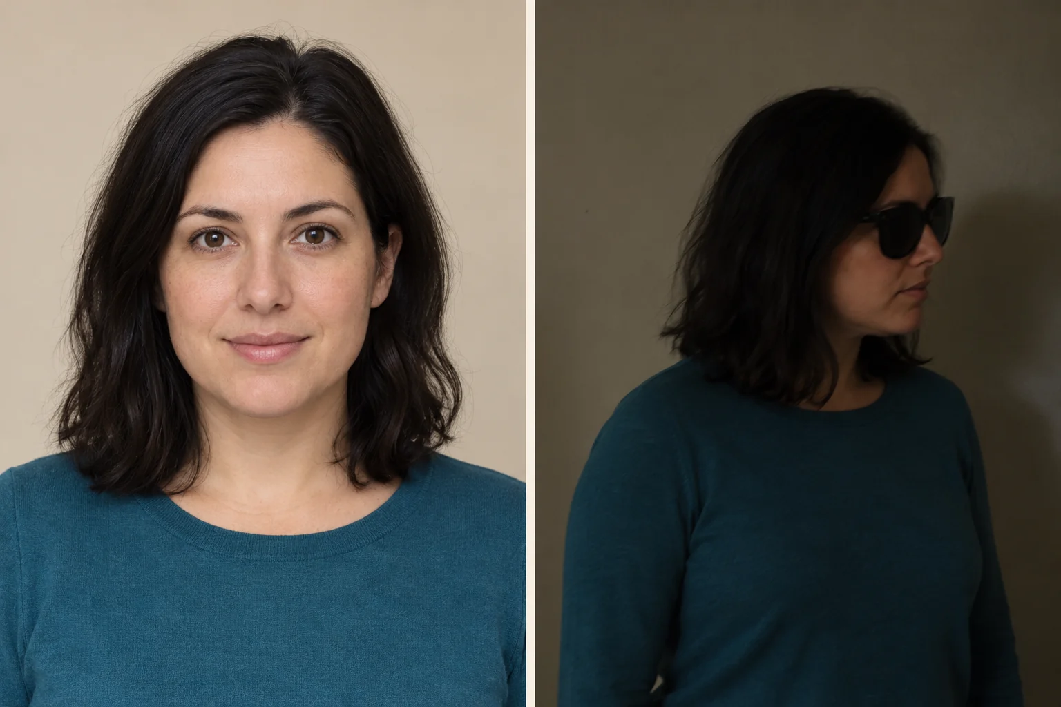 Synthetic adult: clear front-facing portrait on the left; dim side profile with sunglasses on the right