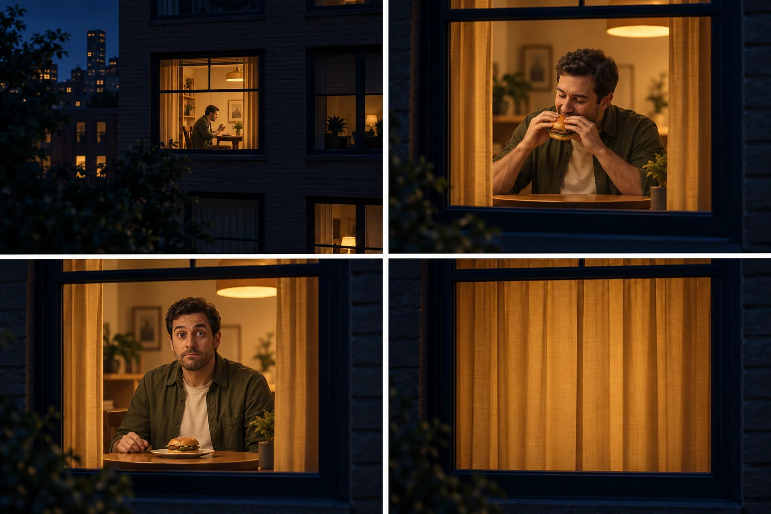 Four concept panels showing the apartment approach, burger bite, awkward stare and closed curtains